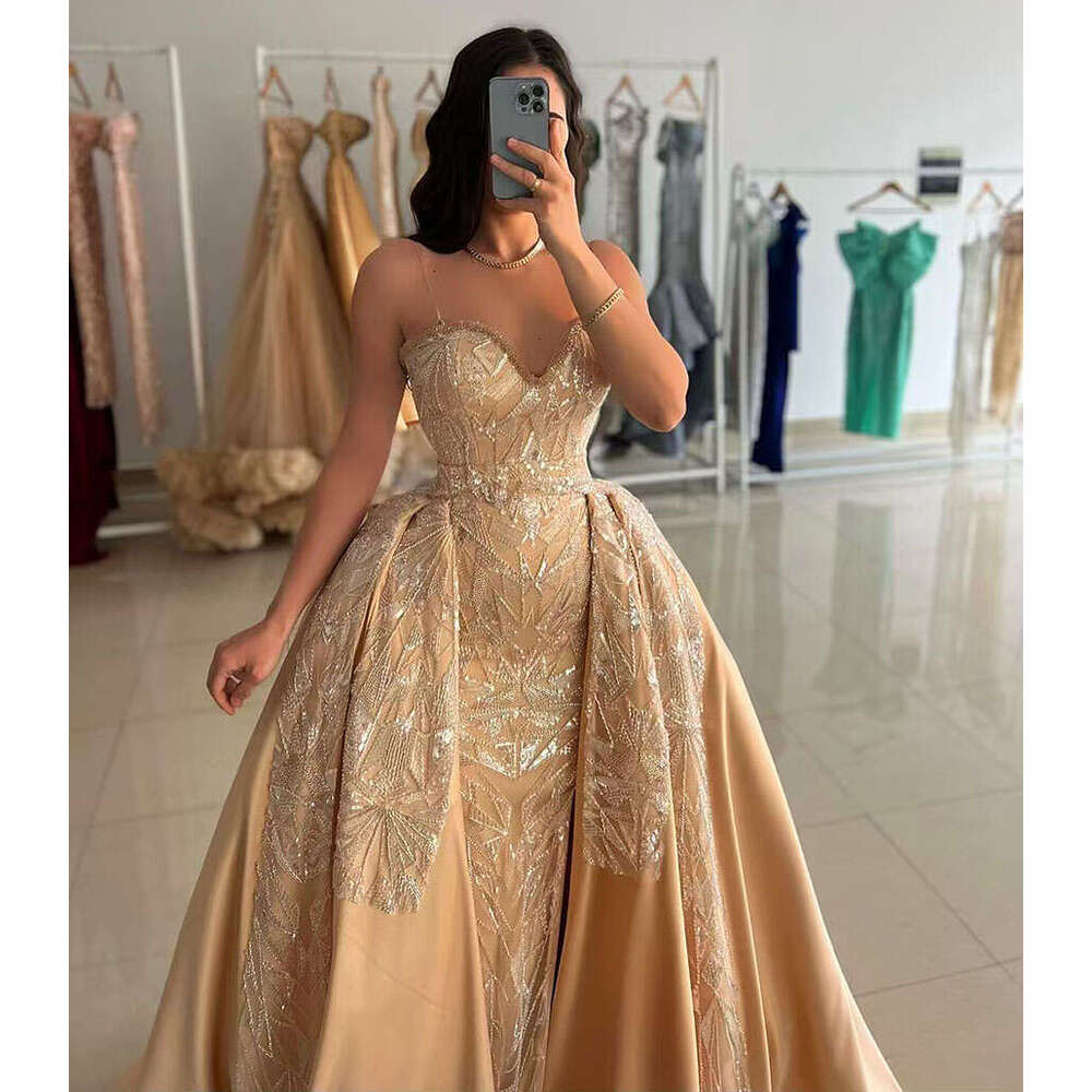 2024 Champagne Arabic Evening with Detachable Train Crystals Lace ral Mermaid Celebrity Party Prom Dress