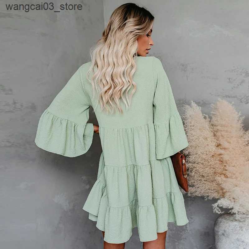 Maternity Dresses 2023 Pregnant Woman Summer Clothes Sweet Short Flare Sleeve V-neck High Waist Maternity Chiffon Dress Korean Style A-line L240910