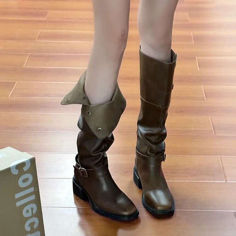 Designer Boot Fashion European And American Version Cowhide Niche Two In One Leather High Top Knight Boots For Women With Thick Heels Flared Retro Kne