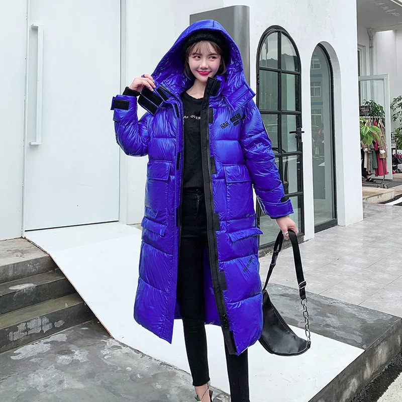 Womens shiny down cotton jacket winter Korean thick warm turtle neck Parka loose slim fit hooded for women 241010
