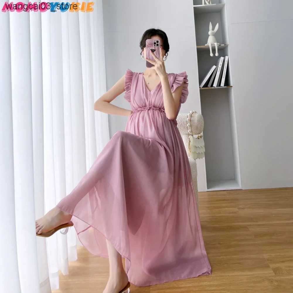 Maternity Dresses Summer Party Dresses Maternity Fairy Dress Petal Sleeve High Waist V-neck Pregnant Women Dress Sleeveless Princess Chiffon Dress L24