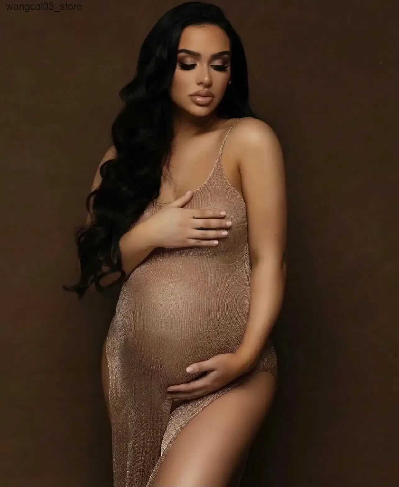 Maternity Dresses Gold Pregnancy Dress Photography Knitted Maternity Dresses Photoshoot Robe Clothing Props Baby Shower Dresses For Pregnant Woman L24