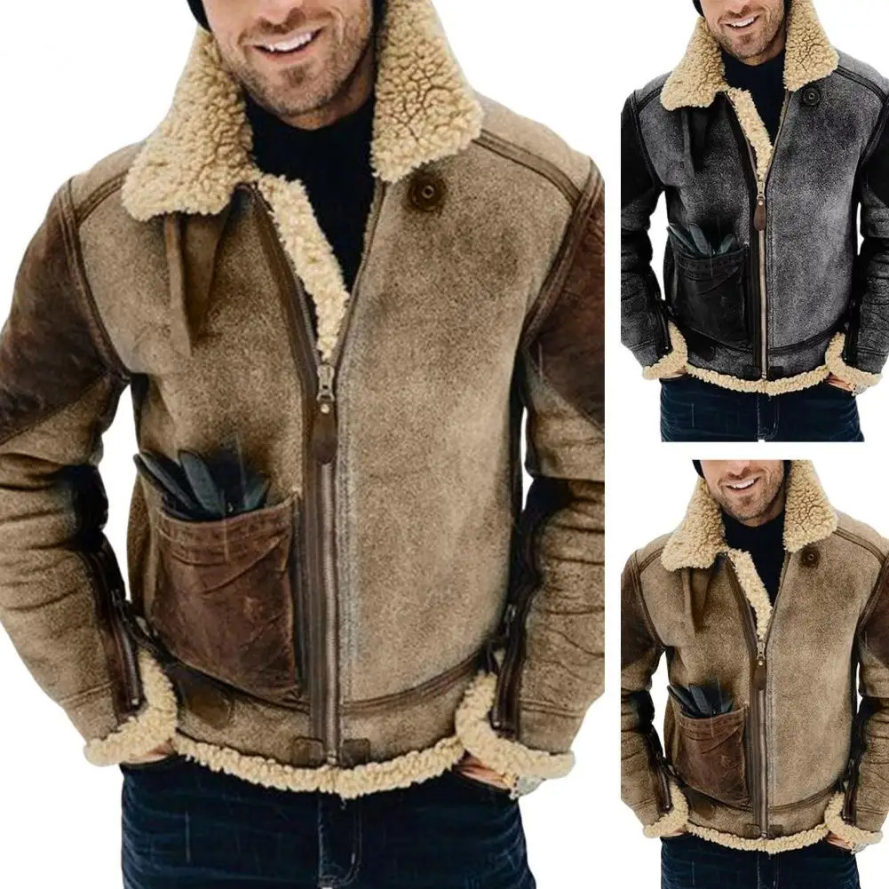 Mens Artificial Leather Fashion Coat Winter Warm Wool Jacket Thick Collar Casual Fashion Clothing 240930