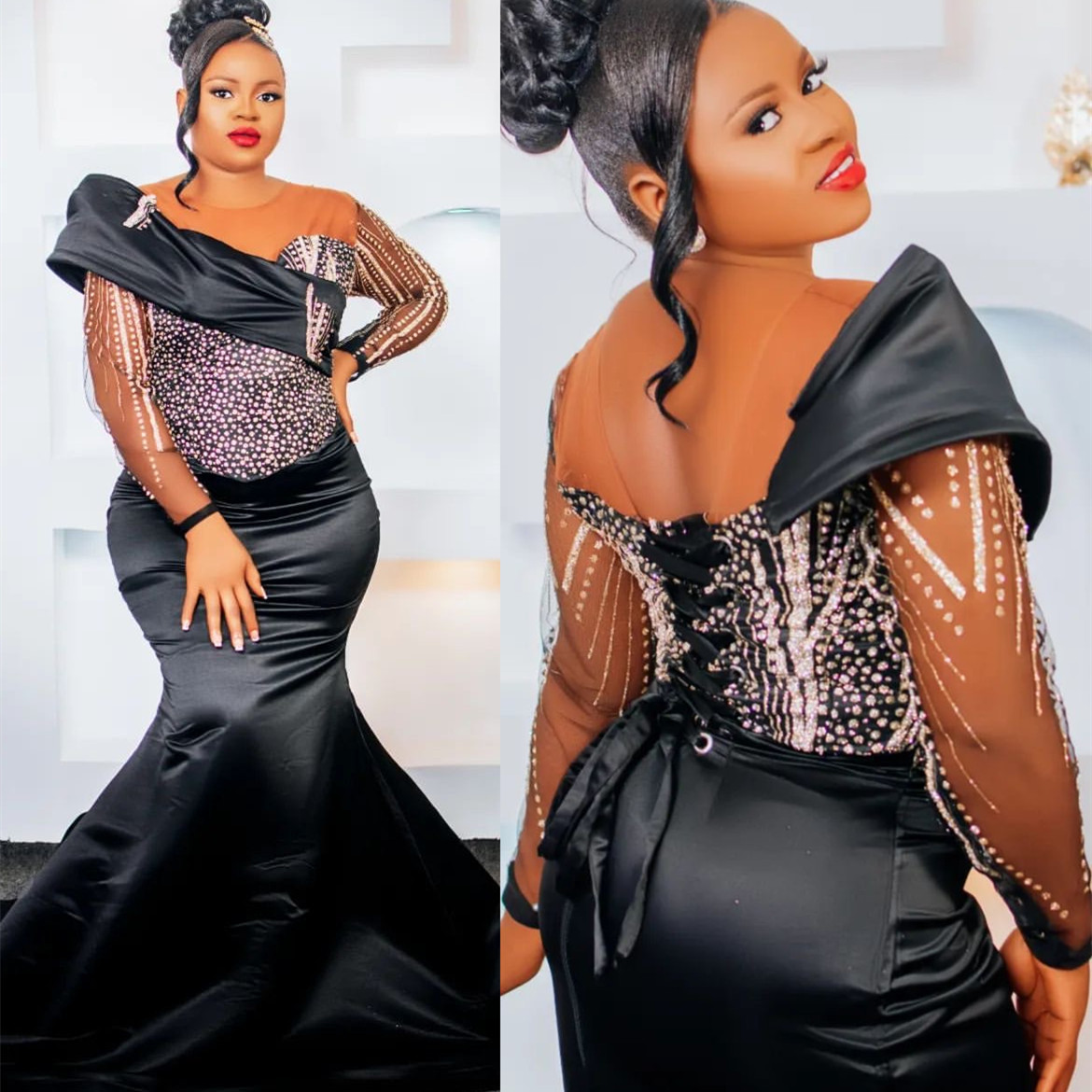 Aso Ebi 2024 Black Mermaid Prom Dresses Sequined Satin Beaded Evening Formal Party Second Reception Birthday Gowns Dress For Special Occasions ZJ022