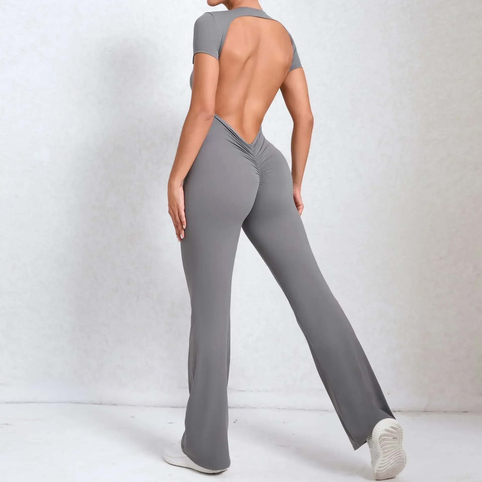 Sexy Backless Scrunch Flared Jumpsuits Women One Piece Sportswear Yoga Clothes Short Sleeve Fiess Overalls Female Sport Outfit mascot
