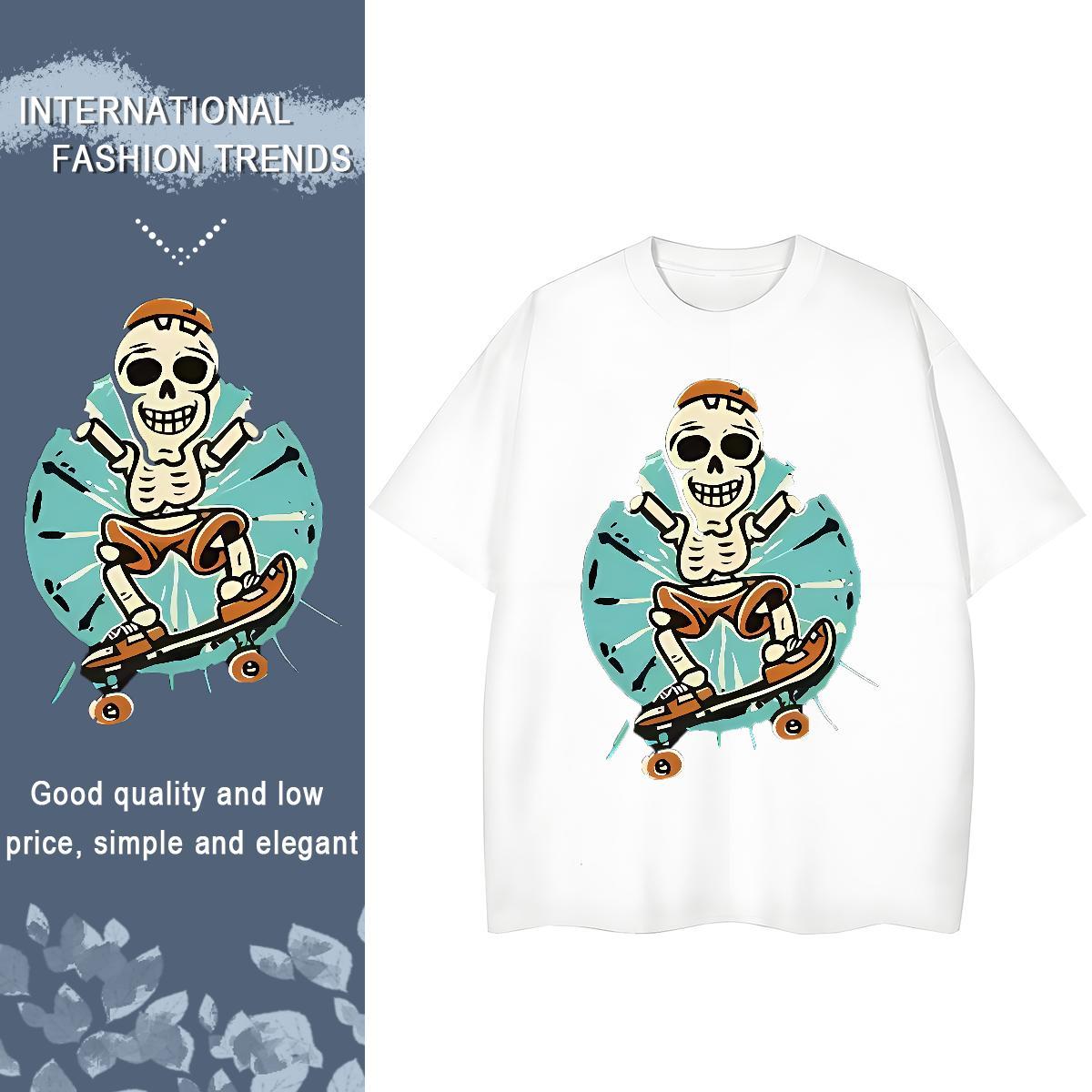 Fashion Casual T Shirt For Woman 100% Cotton 230g Crew Neck Breathable Beach skull Unisex Tshirts Comfortable Cartoon Print Tops Shirt