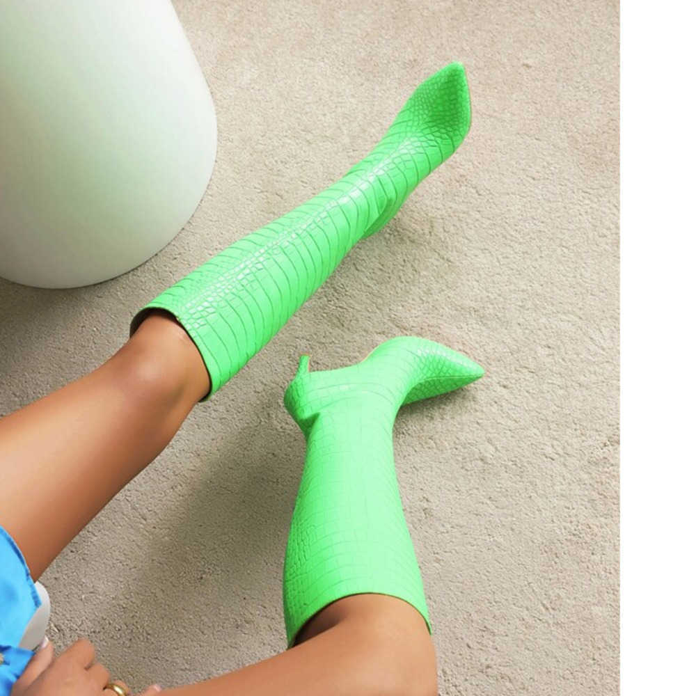 Winter Pointed Fashion Boots Thin Heel High Heel Boot Crocodile Sleeve Large Knee High Boots Leather Women Woman Shoes 240826