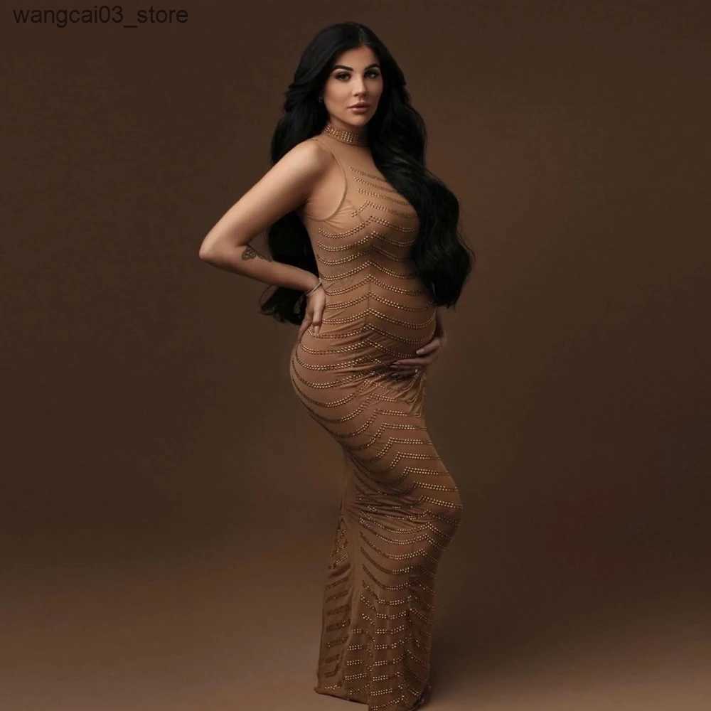 Maternity Dresses Halter Rhinestone Maternity Photography Dresses Crystal Stretchy Skinny Sleeveless Maternity Photo Shoot Long Dress L240910 L0910