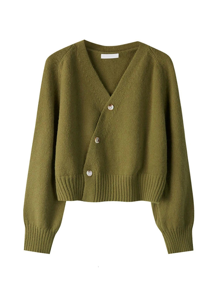 Autumn Winter Skew Button Cardigan Vneck Sweater Women Knitted Long Sleeve Tops Korean Loose Solid Cashmere for Woman 241007