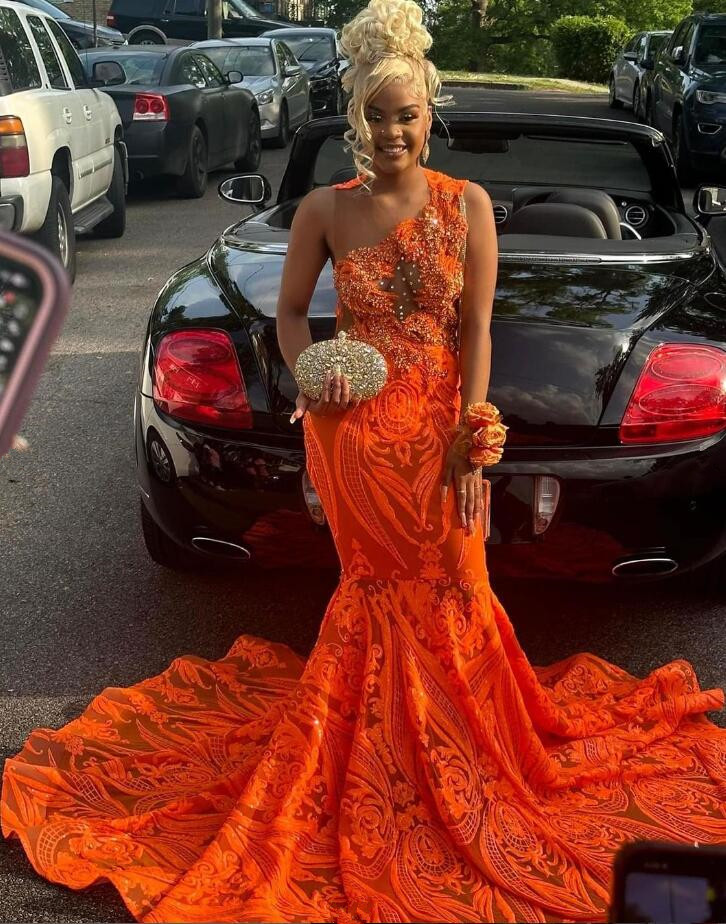 Orange Sparkly Trumpet Prom Formal Dresses for Black Girl Luxury Crystal Applique Sheer Evening Birthday Gown Sheer Mesh