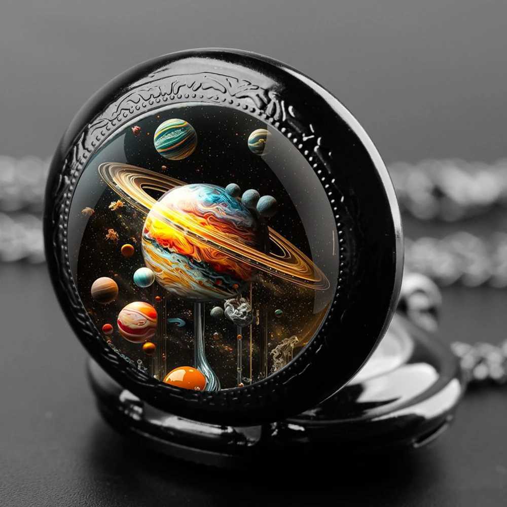 Planet World Design glass dome quartz pocket watch with durable chain Arabic numeral dial suitable for creative gifts for men and women W241010