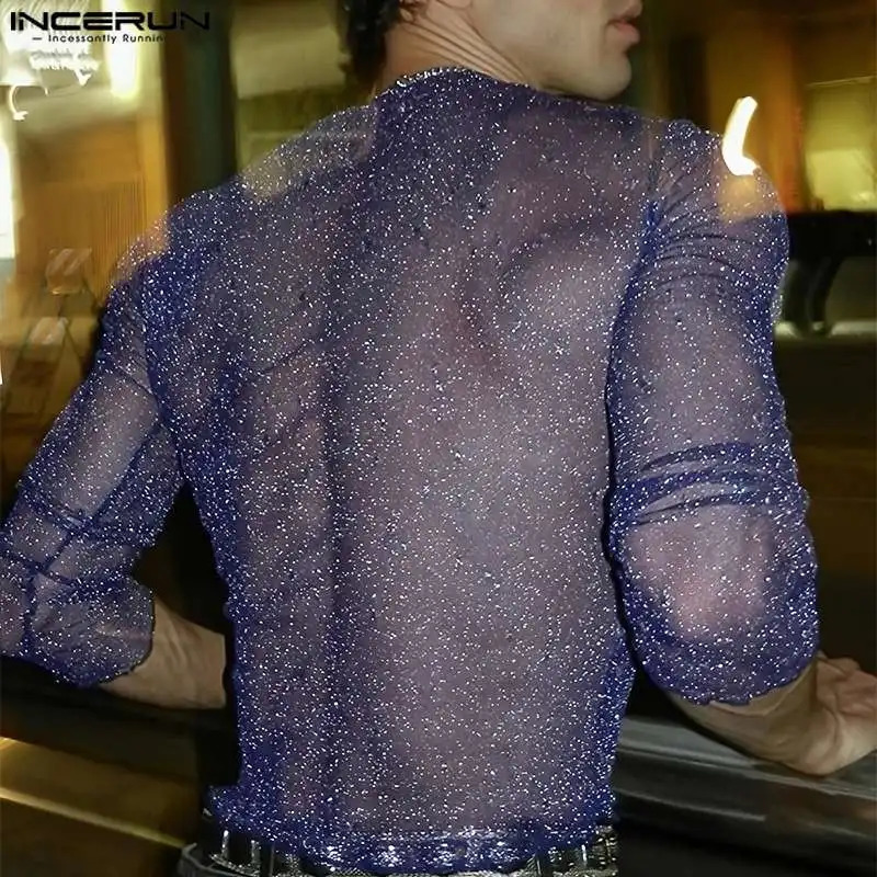 2024 Men T Shirt Mesh Transparent Shiny O-neck Long Sleeve Sexy Camisetas Streetwear Party Fashion Men Clothing S-5XL INCERUN 241011
