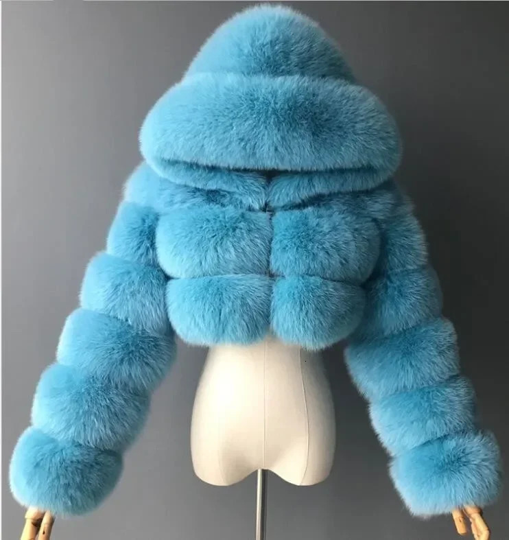 fox fur long sleeved coat short hooded synthetic spliced womens 241010