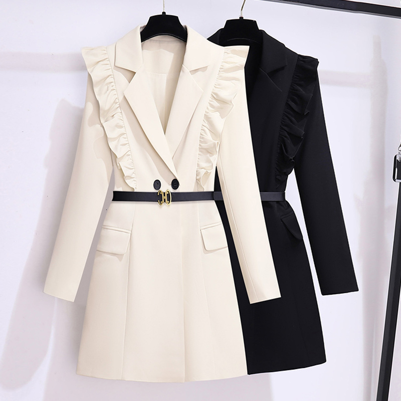 EVNISI Elegant Windbreaker Double Breasted Slim OL Long Trench Coat Ruffles With Belt Women Autumn Winter
