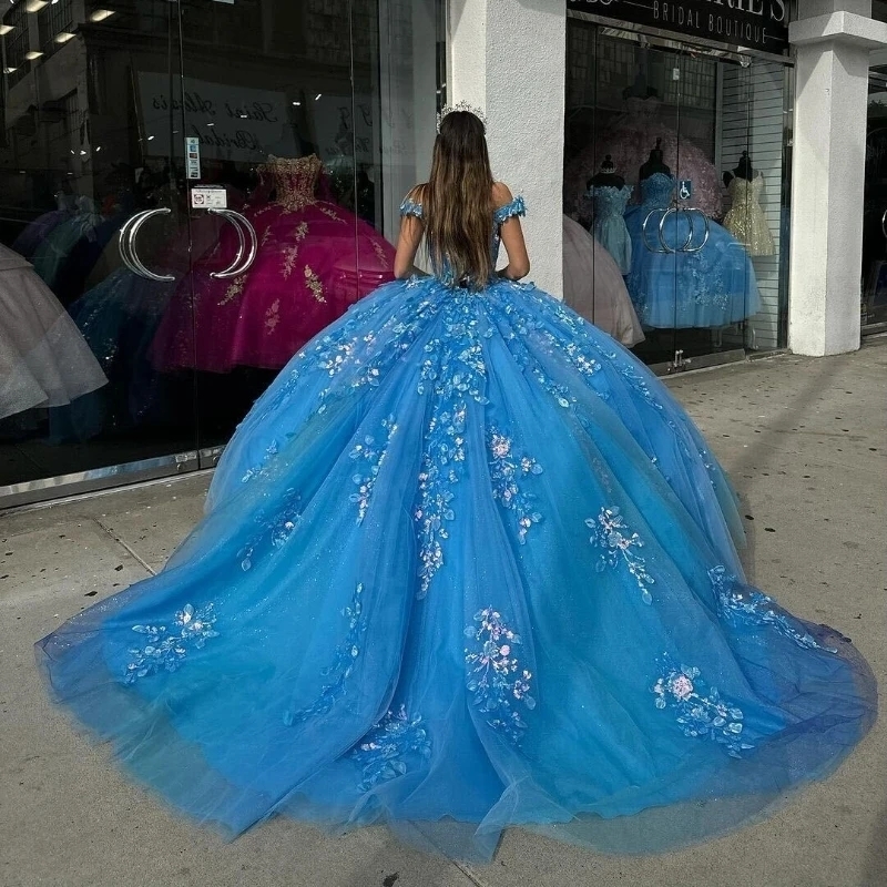 Blue Shiny Quinceanera Dresses Sweet 16 Year Off the Shoulder Floral Applique Tull Beads Party Pageant Wear Vestido VX 15 Anos