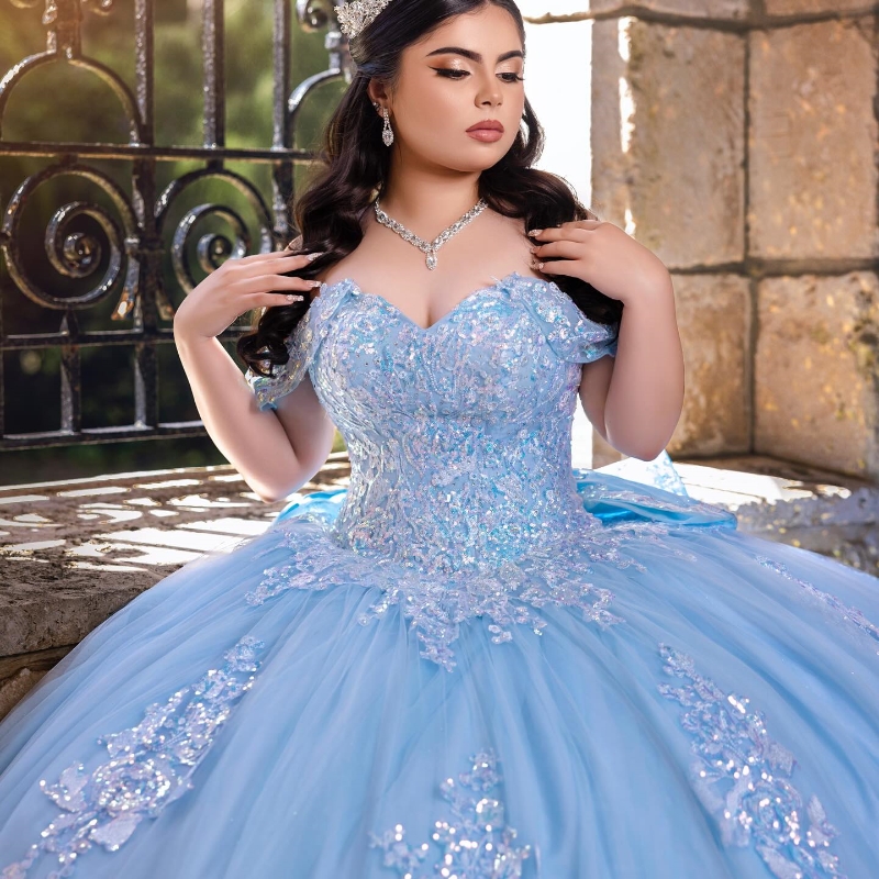 Sky Blue Quinceanera Dresses Off The Shoulder Lace Applique Bow Beads Tulle Ball Gown Birthday Party Sweet 16 Dress Vestidos 15 De Anos