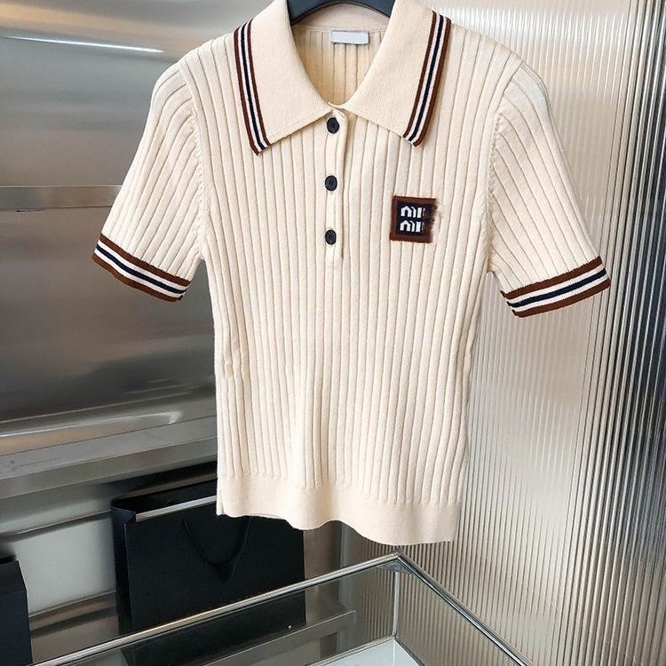 Women turn down collar logo letter appliqued designer polo shirts knits SML