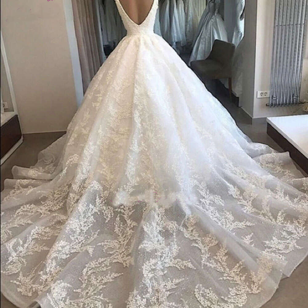 Miaoduo Elegant Lace Tulles WED BRIDE Wedding Dresses Deep V-neck Ball Gown Puffy Bride Bridal Gowns With Long Train