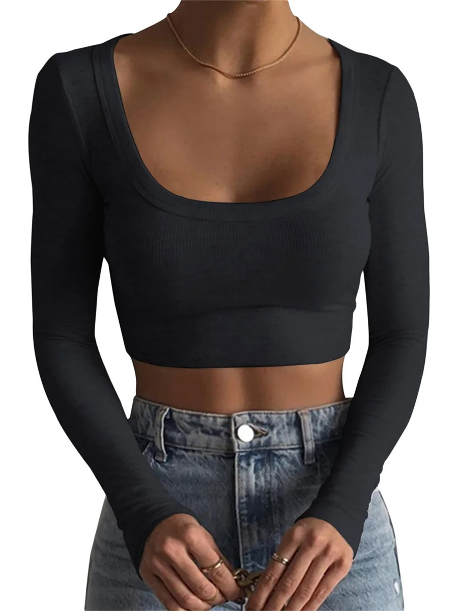 O Neck Ribbed Knitted Long Sleeve Shirts Women Sexy Cropped Tops y2k Casual Skinny Slim Basic Tshirts Tee Black White 241011
