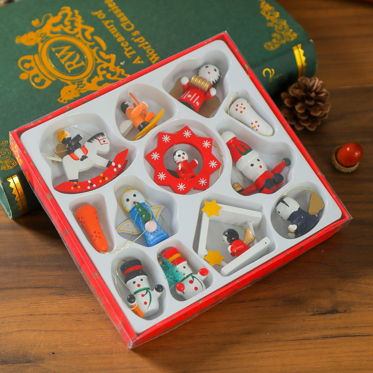 Small gifts in gift boxes, wooden decorations, pendants, accessories, small Christmas tree pendants