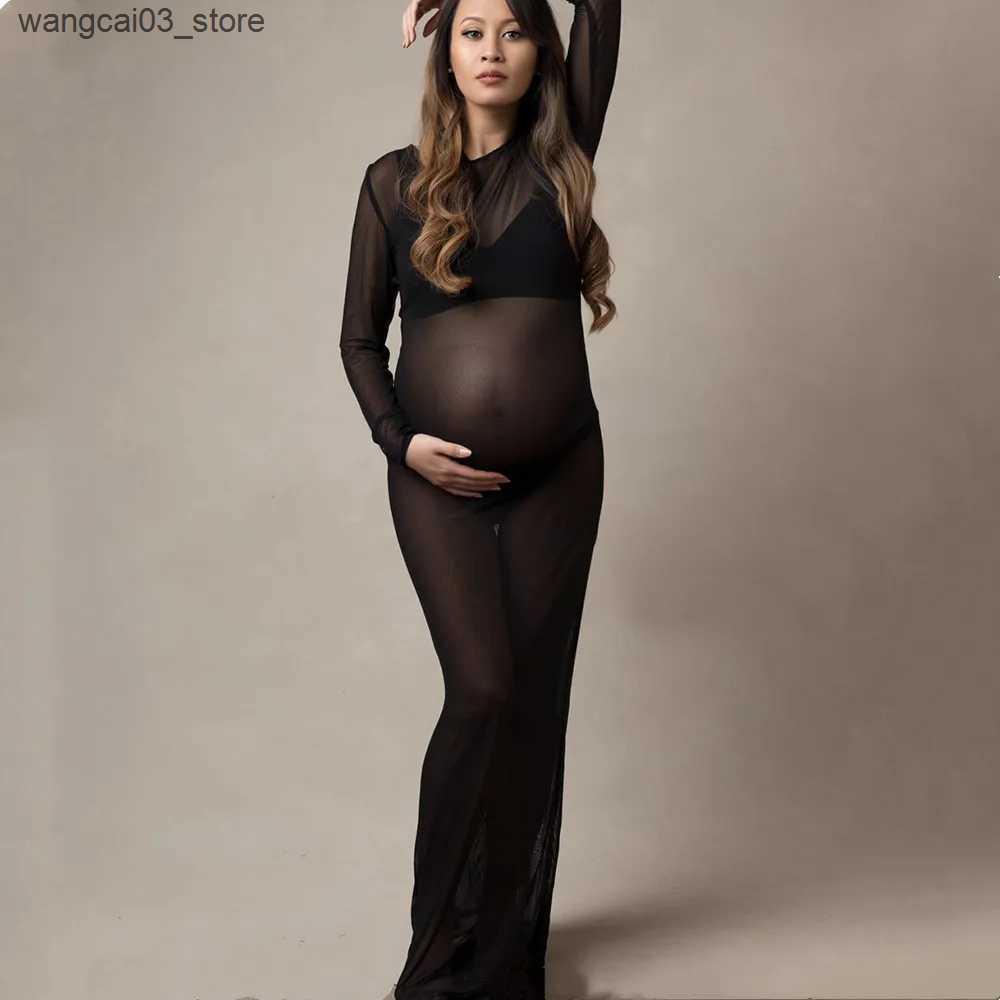 Maternity Dresses See Through Stretchy Mesh Maternity Photoshoot Dress Boat Neck Full Sleeve Skinny Pregnant Woman Mesh Long Dress L240910