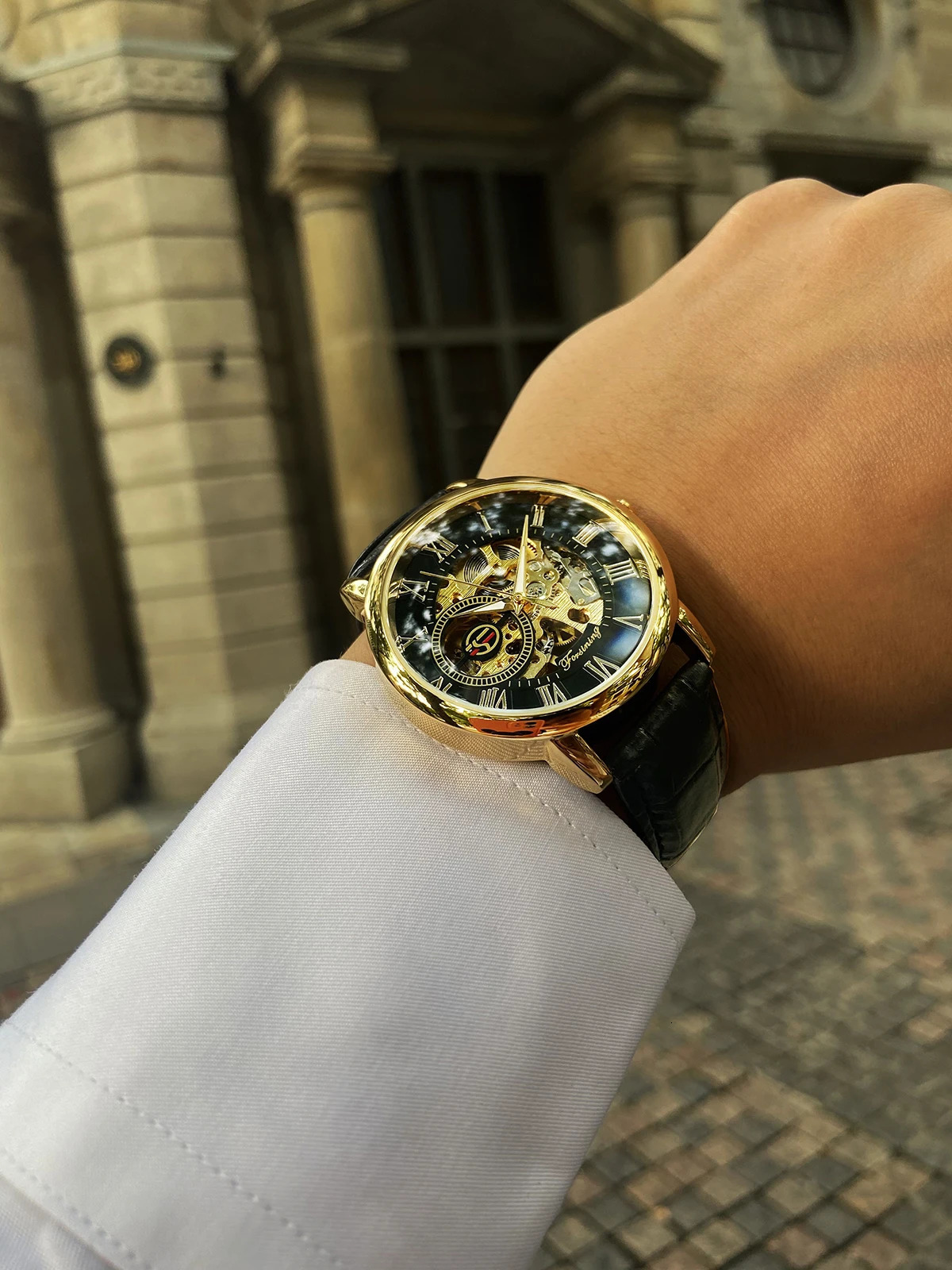 Forsining 3D Hollow Carving Black Gold Case Leather Skeleton Mechanical Watch Mens Heren Horloge 241009
