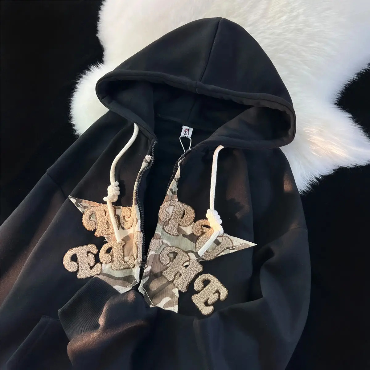 American flocking patch star hoodie womens Y2K street hip-hop loose sportswear couple casual zipper hoodie cardigan unisex jacket 241011