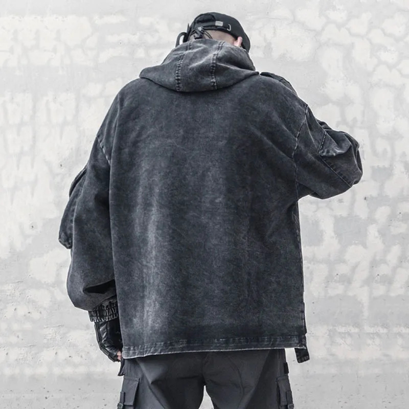 PFNW Dark Mens Denim Hoodie Splicing Ribbon Hoodie Loose Wash Zipper Autumn Mens Sportswear Personalized 12C922 241010