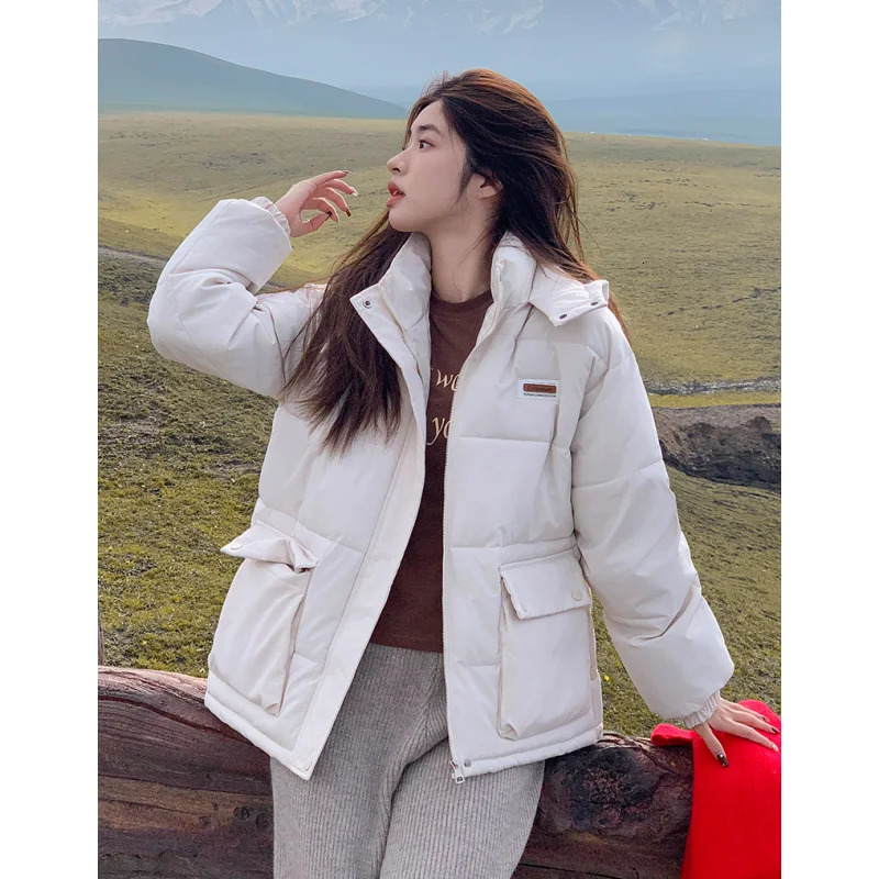 Black down jacket womens coat white hooded fashion American streetwear Y2K style duck down jacket womens winter short jacket 241009