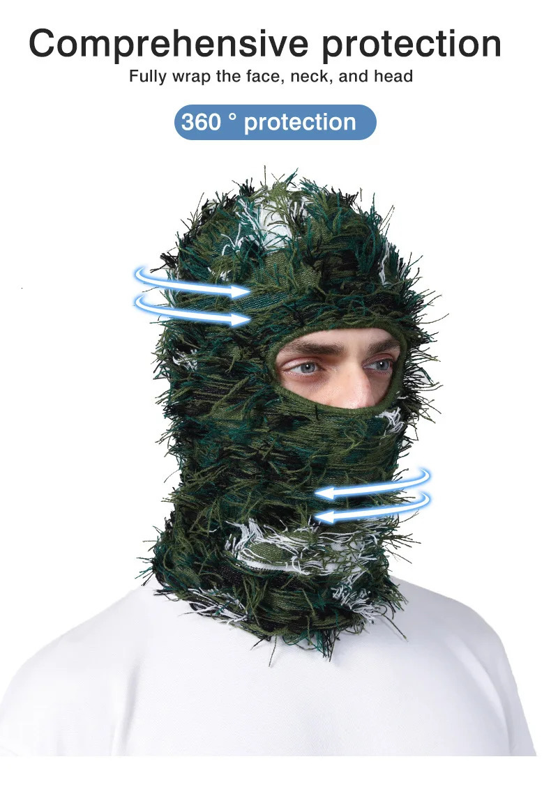 Hip Hop Balaclava Distressed Knitted Hat Full Face Ski Mask Female Outdoor Camouflage Beanies 241009