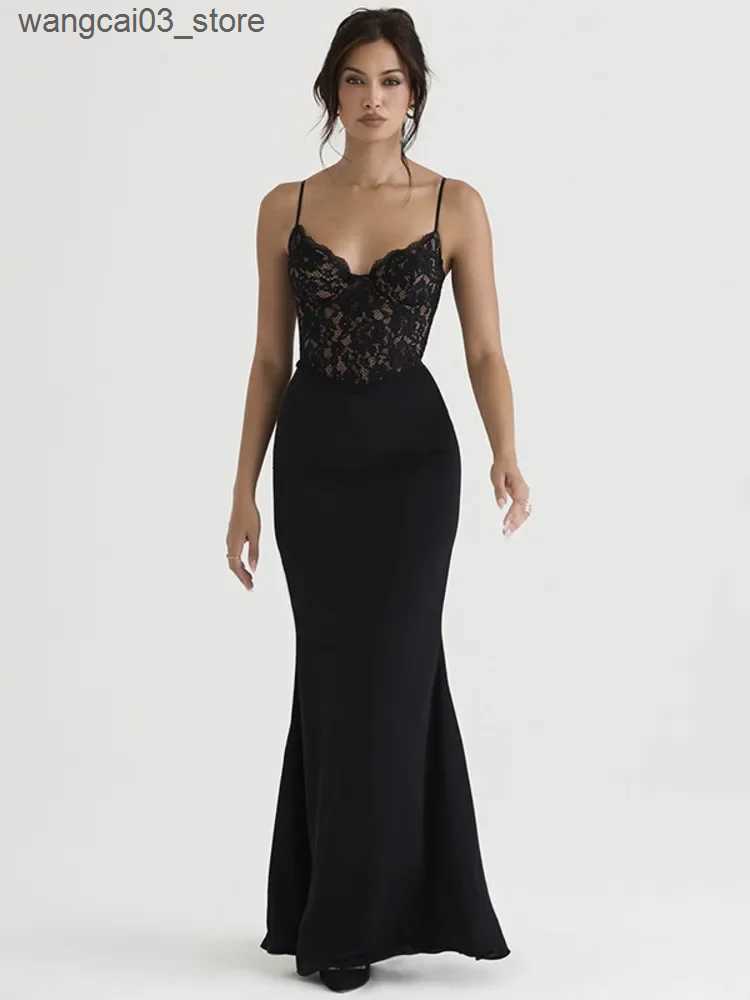 Maternity Dresses Elegant Lace Spaghetti Strap Bodycon Sexy Maxi Dress for Women Black Sleeveless Backless Club Party Sexy Long Dress L240910