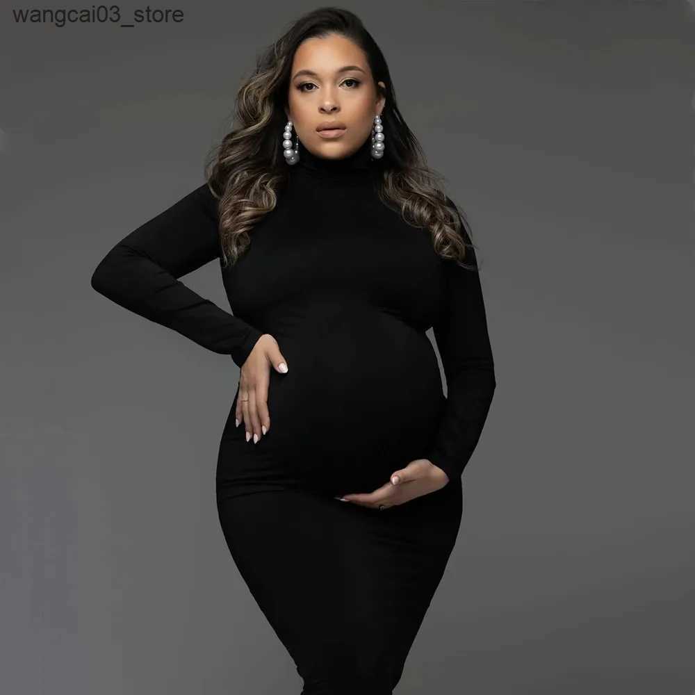Maternity Dresses High Neck Stretchy Baby Shower Long Dresses Full Sleeve Skinny Maternity Photography Prop Dress L240910