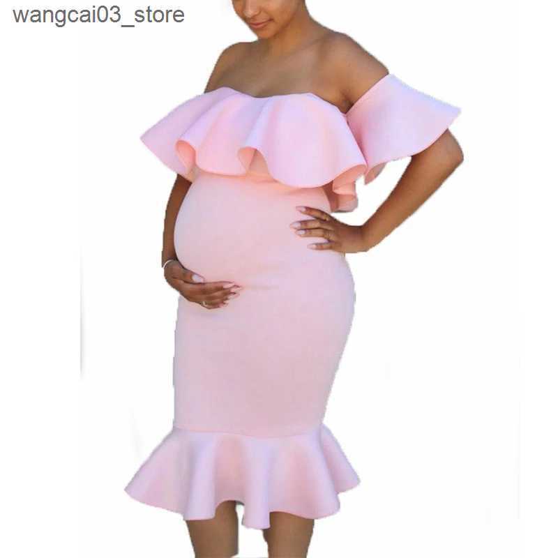 Maternity Dresses Ruffles Shoulderless Bodycon Dress Pregnant Woman Summer Maternity Robe Baby Shower Photoshoot Dresses Pregnancy Photo Session L2409