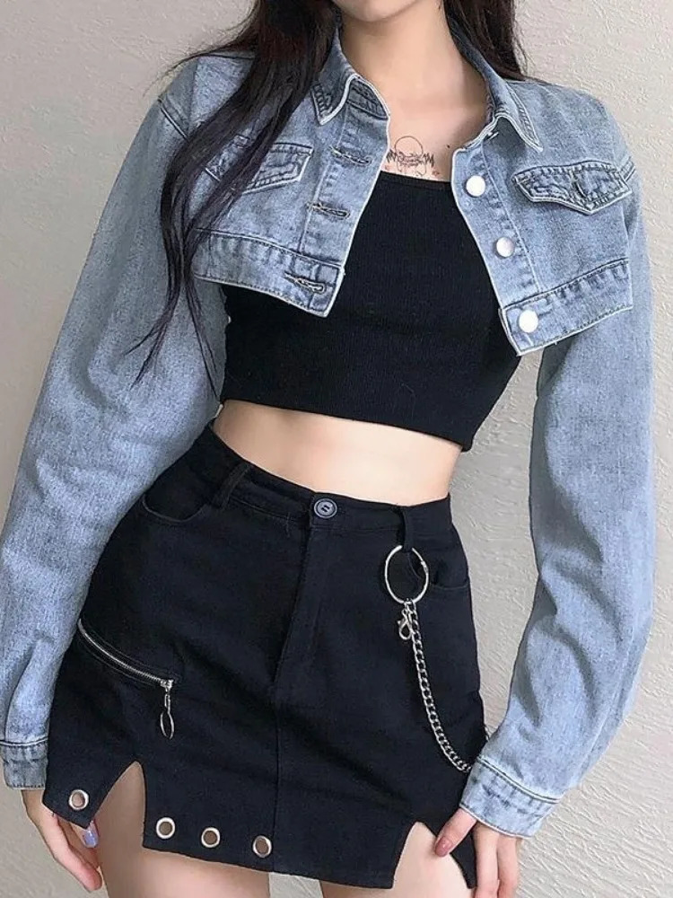 Deeptown Vintage Long Sleeve Crop Denim Jacket Women Fashion Jeans Bomber Jackets Cardigan Coat Spring Casual Coats Clothes 241011