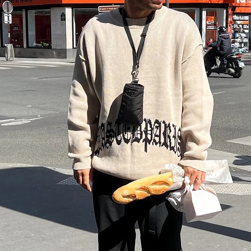 Aesthetics Hip Hop Gothic Y2K Letter Embroidered Knitted Sweater Harajuku Mens and Womens Loose Top Perforated Sportswear 241007