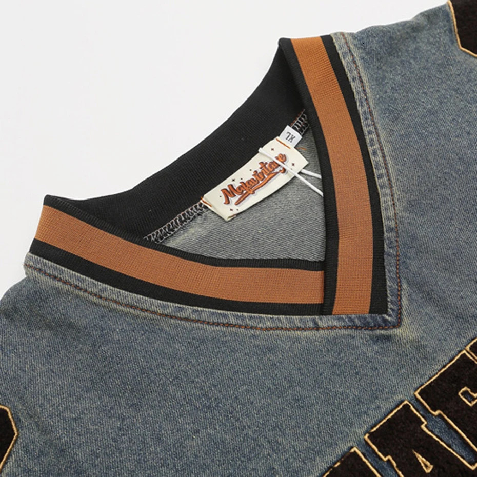 Retro denim sweatshirt star embroidered oversized mens hoodie autumn Pulleys streetwear hip-hop oversized hoodie 241010