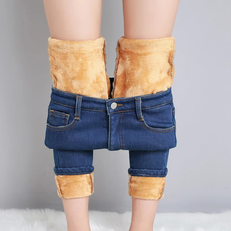 Women Thermal Jeans Winter Snow Warm Plush Stretch Lady Skinny Thicken Students Denim Pants Fleece Mom Fur Trousers 241009