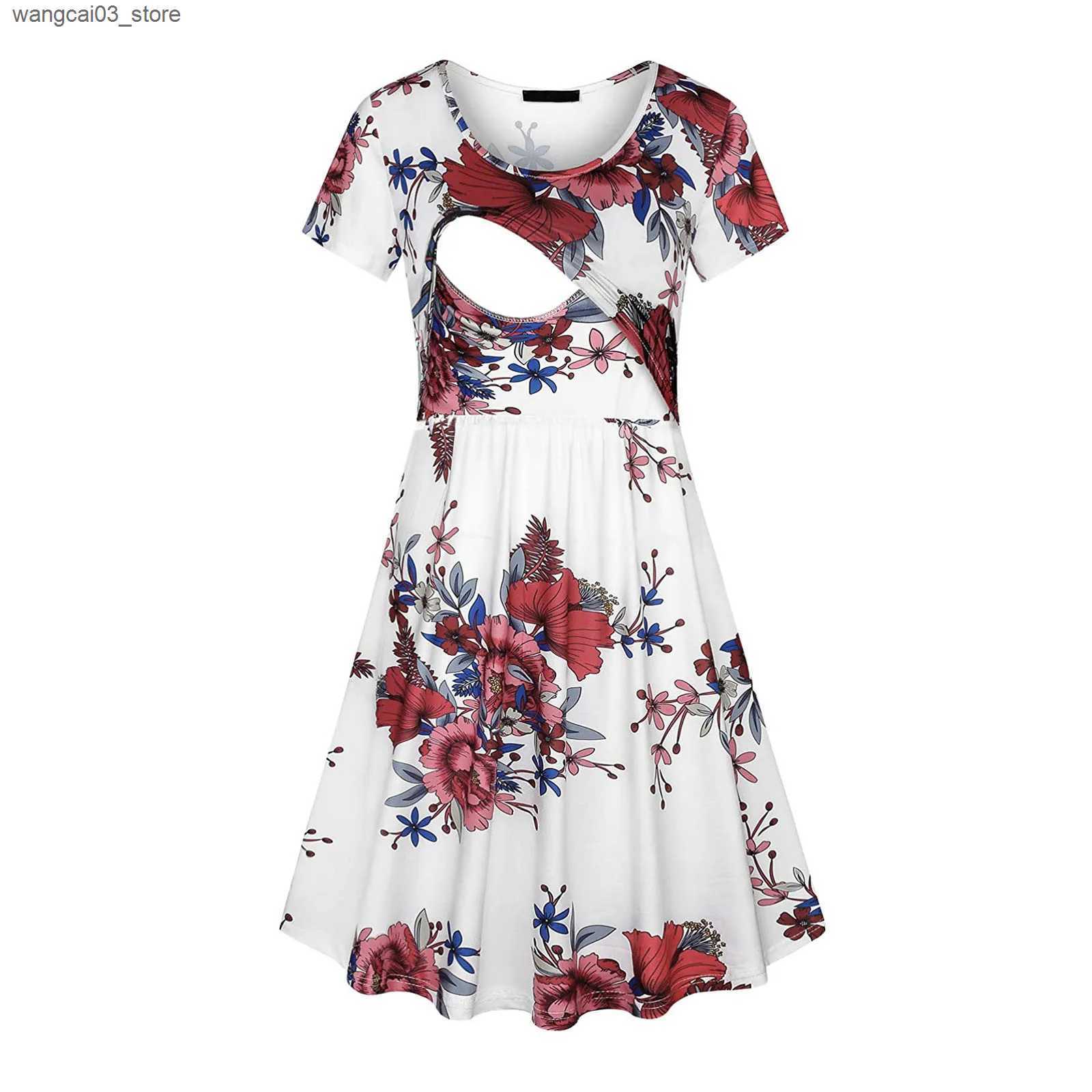 Maternity Dresses New Maternity Dresses Pregnant Women Nursing Dress Breastfeeding Floral Print Short Sleeve Maxi Dress Lactation Clothes L240910