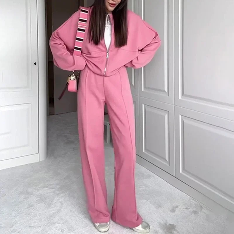 Womens twopiece long pants set solid loose casual full elegant zipper jacket wide leg high waist 241008