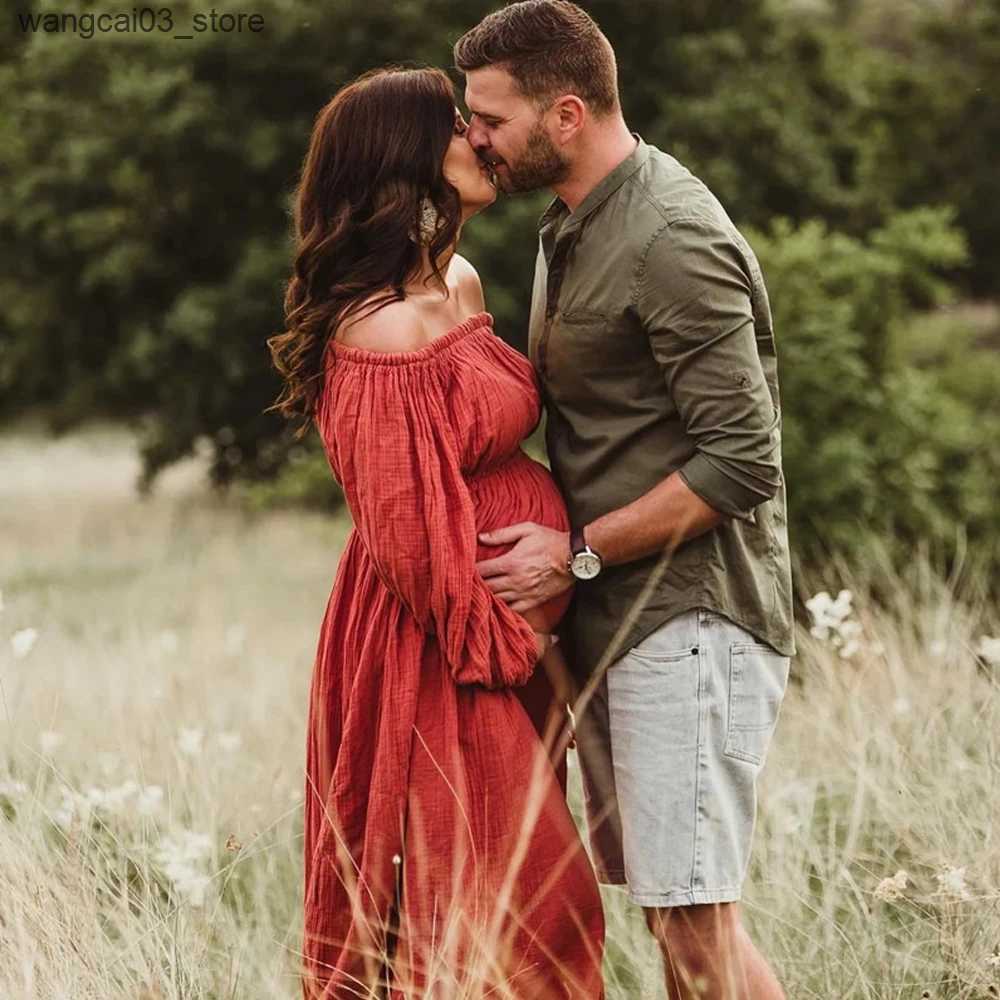 Maternity Dresses Maternity Photography Gown Comfort Bohemian Dress Boho Style Baby Shower Dress Linen Cotton One Shoulder For Pregnant Women L240910