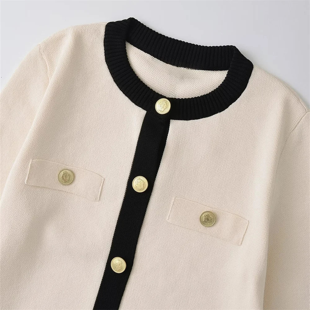 RARF Autumn European and American Breasted Long Sleeve Black White Round Neck Knitted Open Short Jacket 241010