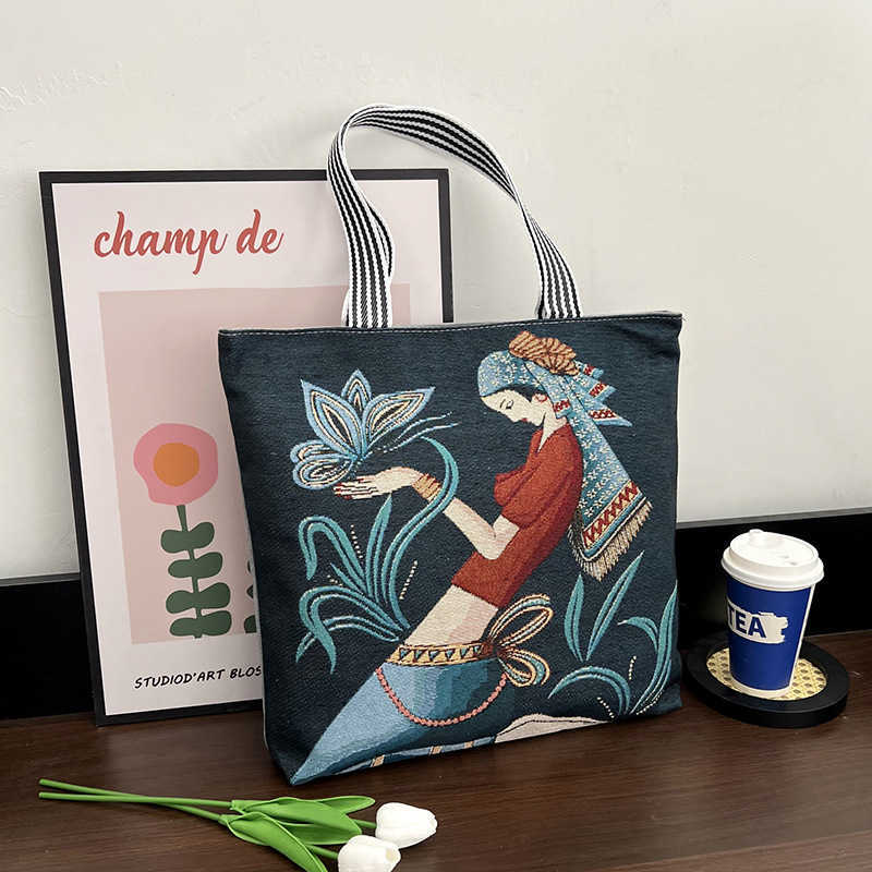 women's bag, embroidered fashion trend, large capacity canvas bag, shopping and working women's shoulder bag 241015