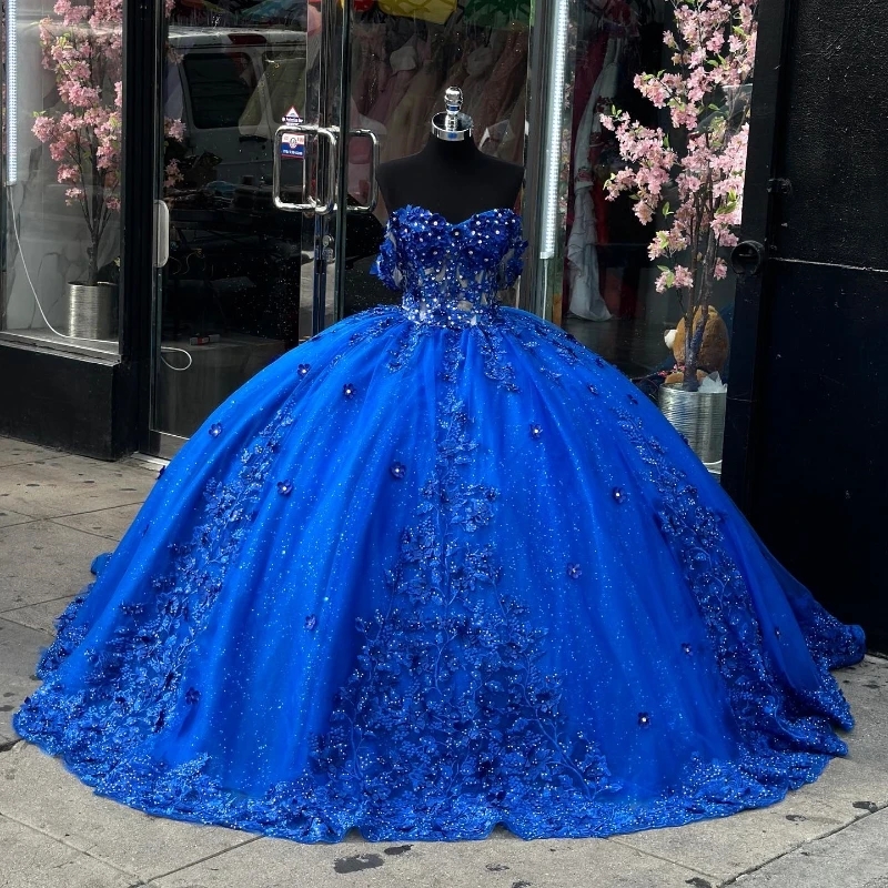 Blue Shiny Quinceanera Dresses Ball Gown Applique Lace Beads Birthday Party Lace Up Graduation Gown Vestido De 15 Anos Sweet 16 Dress