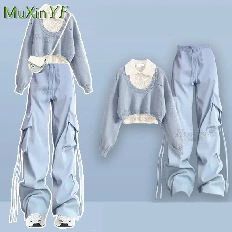 Womens Autumn/Winter Sportswear Set Korean Elegant Knitted SweaterTank TopCasual Cargo Pants 3-Piece Set 241010