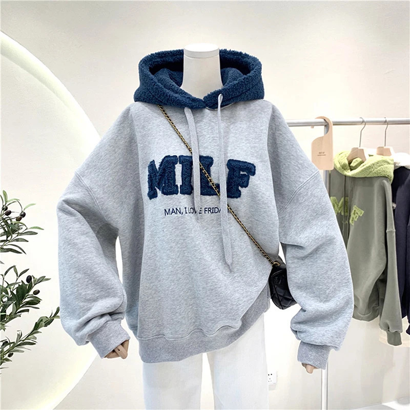 Fashion patch work oversized sportswear womens winter casual loose cotton thick letter long sleeved hooded sweatshirt streetwear 241010