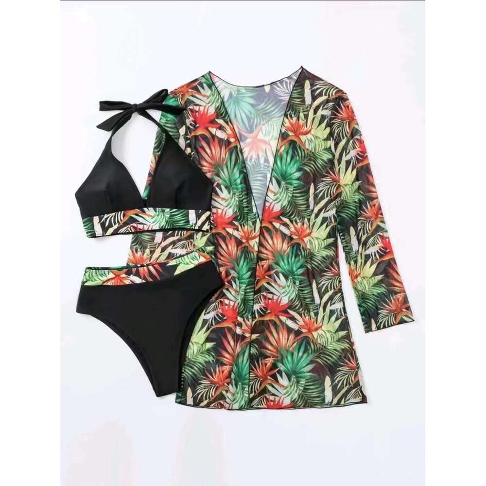 New Sexy Bikini Mesh Three Piece Set 2024 Gathering Split Print Swimsuit For Women