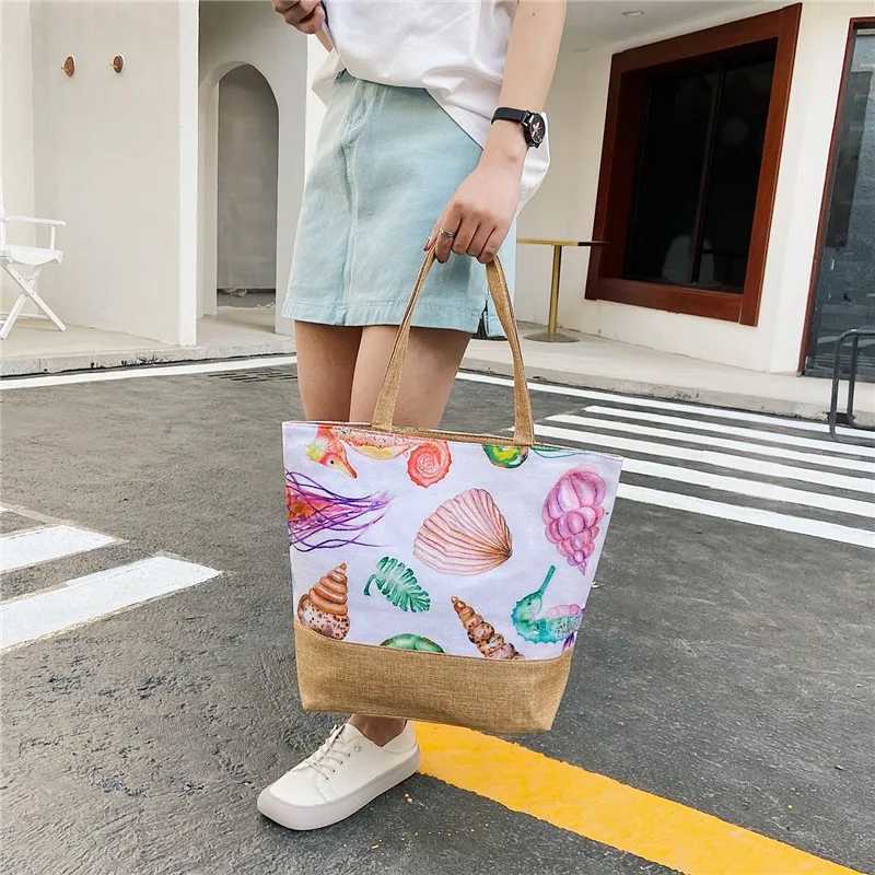 Fashion Folding Womens Large Size Handbag Womens Leisure Flower Printed Canvas Graffiti Shoulder Bag Beach Bolsa Feminina Y241011