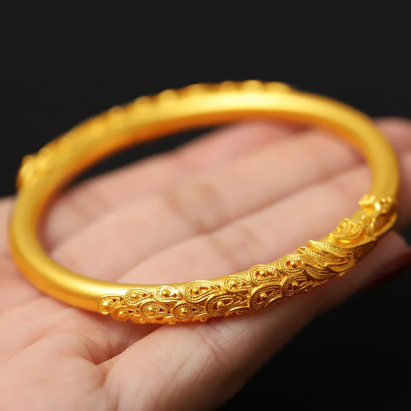 24K pure gold bracelet 999 dragon and phoenix bracelet womens retro inlaid peacock bracelet AU750 240929