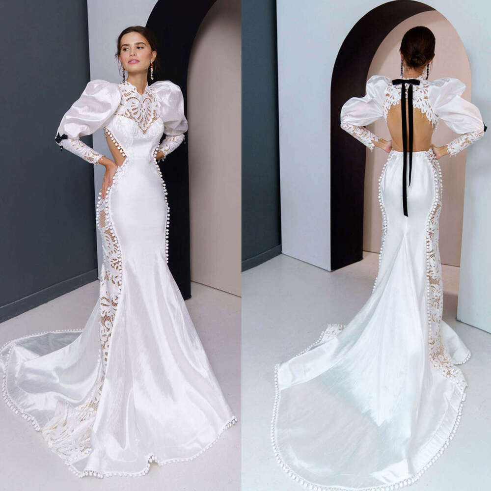 Exquisite Mermaid Wedding Dress High Neck Lantern Long Sleeve Bride Gowns Lace Up Back Bridal Dresses Vestido De Novia