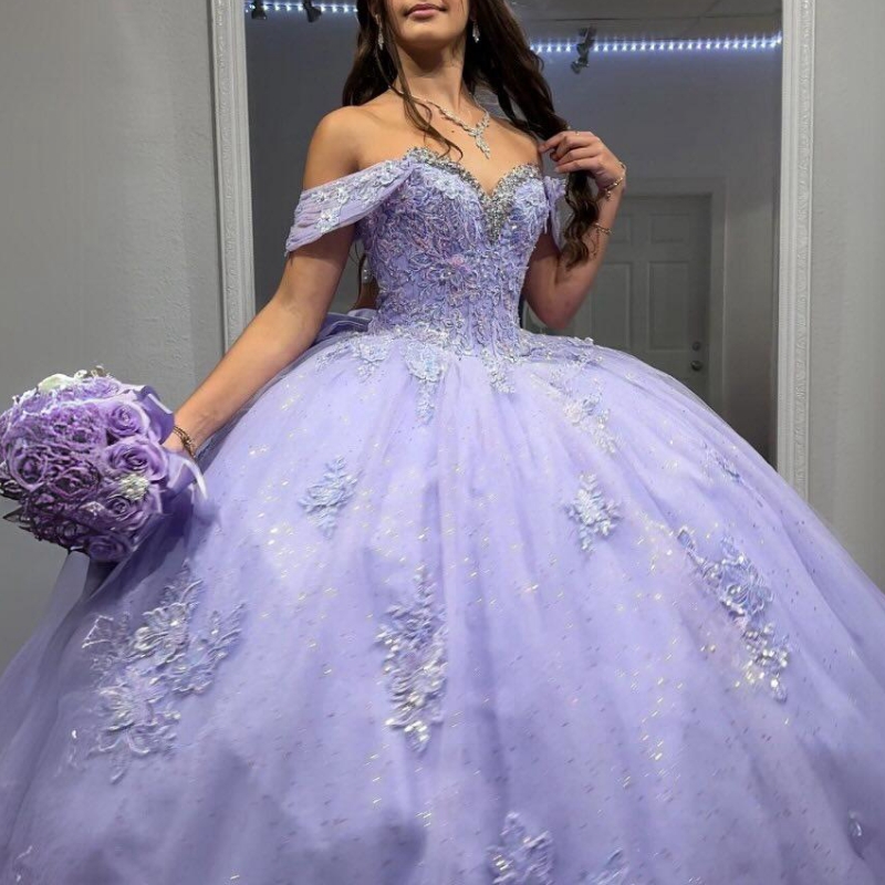 Lavender Shiny Quinceanera Dresses Ball Gown Off The Shoulder Lace Applique Beads Tull Sweet 16 Dress Mexican Birthday Vestidos De 15 Anos